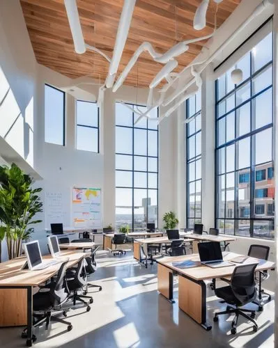 Modern interior design classroom, San Diego, California, morning sunlight, bright and airy atmosphere, wooden desks, ergonomic chairs, large windows with city views, potted plants, whiteboards, colorf