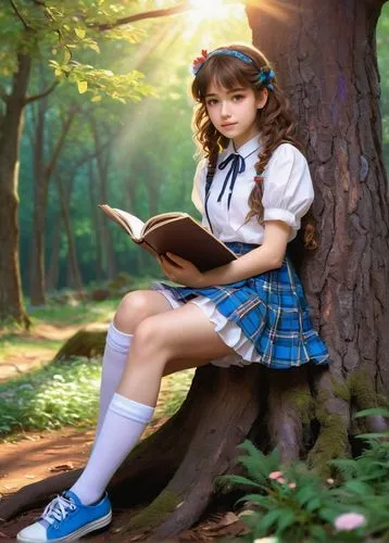 little girl reading,girl studying,schoolkid,bookworm,primary school student,scholar,llibre,schoolchild,bibliophile,lectura,storybook character,children's background,read a book,minako,tomoyo,storybook,tartan skirt,dorothy,girl with tree,reading,Art,Classical Oil Painting,Classical Oil Painting 08