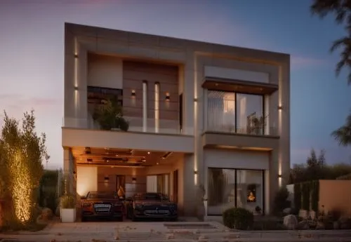 this two story house with car garage is lighted up at night,modern house,beautiful home,dunes house,mahdavi,baladiyat,dreamhouse,Photography,General,Cinematic