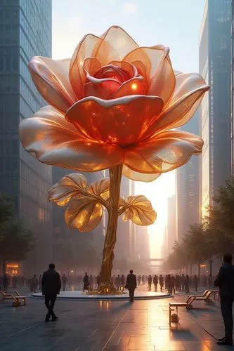 Design a massive public art installation in the center of a bustling city square, featuring an enormous, hyper-realistic rose sculpture made of semi-transparent, shimmering metallic mesh. The petals g