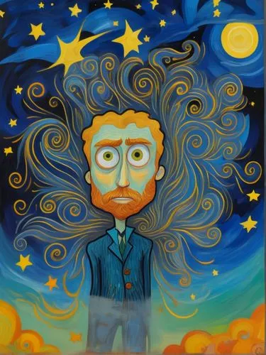 vincent van gogh,vincent van gough,starry night,self-portrait,astronomer,abstract cartoon art,einstein,albert einstein,sleepwalker,artist portrait,falling star,self portrait,fantasy portrait,custom portrait,thinking man,portrait background,falling stars,starry sky,post impressionism,cosmonaut,Unique,Design,Character Design