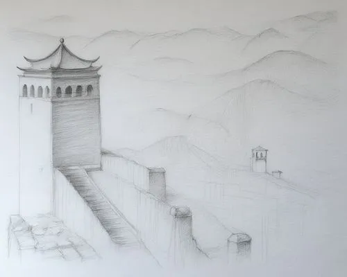 great wall,badaling,disegno,battlement,wudang,walled,city wall,city walls,pencil and paper,huashan,dessin,forteresse,castle keep,qingcheng,battlements,drawing,qin,asian architecture,tirith,pencil drawing,Illustration,Black and White,Black and White 30