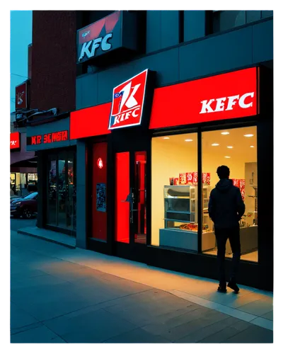 KFC storefront, night scene, bright neon lights, red logo, glass windows, metal door handles, pedestrian sidewalk, urban atmosphere, 3/4 composition, shallow depth of field, vibrant color tone, cinema