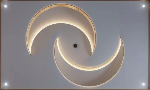 Gypsum decoration in the ceiling of a room with hidden LED lighting the ceiling,a circular light fixture in a white room,wall light,wall lamp,fibonacci spiral,spiral art,ceiling light,ceiling lamp,Pho