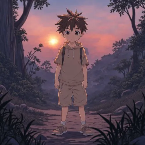 a person stands in a forest with their back to the camera,arrietty,haibara,ushio,clannad,eguren,shinichi,syaoran,kyon,teito,shinji,yuhina,hashiba,killua hunter x,hidenori,shinbo,yousuke,shota,himeno,h