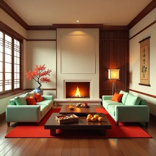 japanese-style room,sitting room,fire place,living room,livingroom,fireplaces,Illustration,Realistic Fantasy,Realistic Fantasy 34