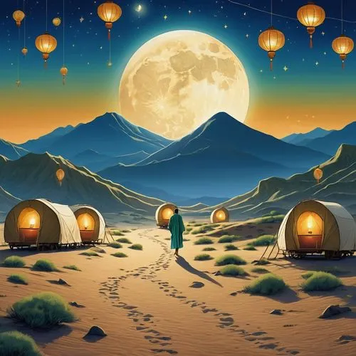 Batik art style, figure stands serene on lunar surface, surrounded by floating lanterns illuminating delicate craters, Earth-rise background with contrasting blue and green hues, soft lunar light bath