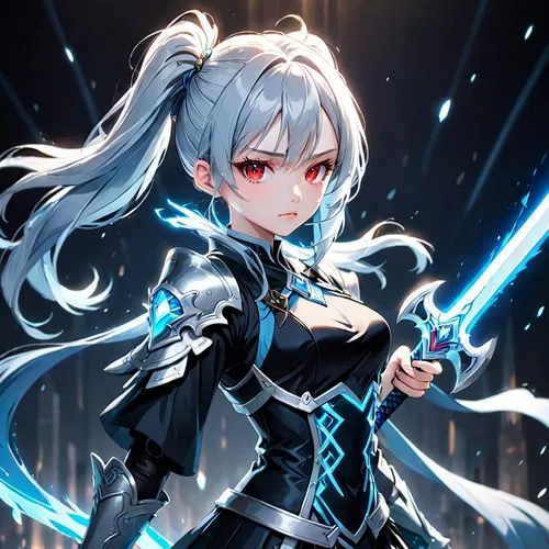 a female warrior character in a fantasy style. The character has pale, almost white skin and striking red eyes. Her hair is long, flowing, and light blue, styled into two high ponytails with glowing t