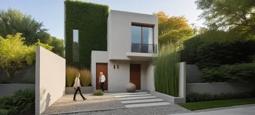 CASA ESTILO MINIMALISTA UBICADA, COMBINANDO LOS COLORES VIBRNTES DE LA ARQUITECTURA MEXICANA Y LA PIEDRA DE RECINTO,  EN UN FRACCIONAMIENTO CON VEGETACIÓN EXUBERANTE, PERSONAS,ARBOLES, PALMERAS, CORRE