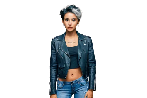 Individualist, confident pose, solo, strong facial features, short spiky hair, bold makeup, tattoos on arms, ripped denim jeans, black leather jacket, silver chain necklace, urban background, cityscap