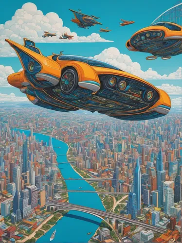 futuristic landscape,sci fiction illustration,fleet and transportation,airships,futuristic,ufo intercept,flying saucer,futuristic car,sci - fi,sci-fi,flying objects,science-fiction,futuristic art museum,spaceships,sci fi,space tourism,futuristic architecture,sky city,space ships,air transport,Illustration,Japanese style,Japanese Style 16