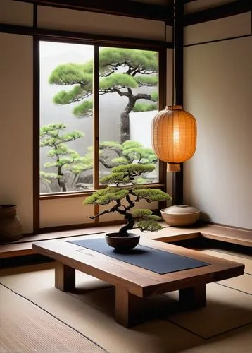 Modern Japanese house interior, minimalist decor, tatami mats, shoji screens, sliding doors, low seating, wooden table, paper lantern, bonsai tree, simple kitchenette, sleek appliances, marble counter