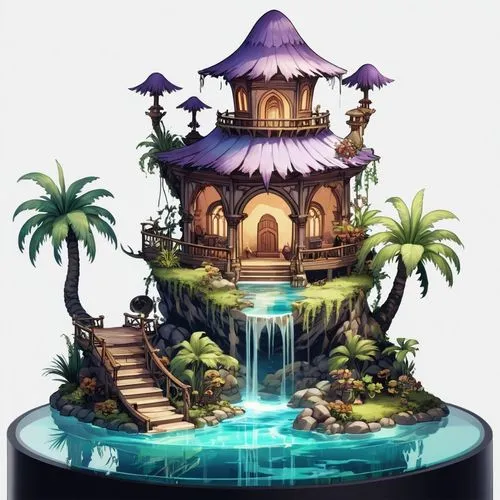 wishing well,floating island,pool house,fountain pond,floating islands,mikvah,Illustration,Abstract Fantasy,Abstract Fantasy 11