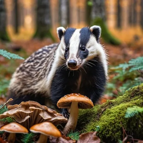 a badger and a great mushroom in a forest in fall,there is a very cute badger in the woods,badger,badgers,badgerys,orava,badgering,foraging,Photography,General,Realistic