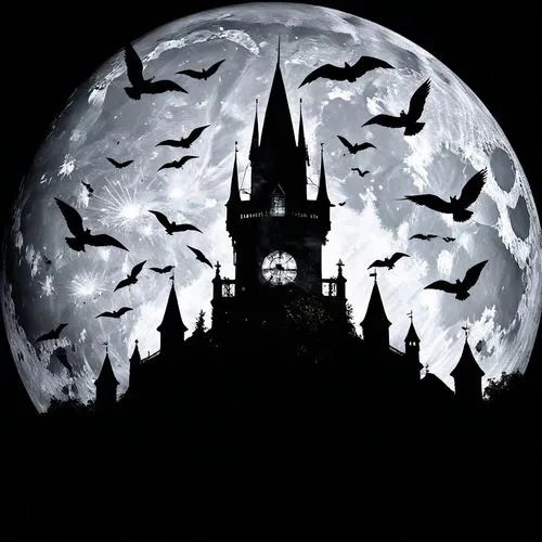 Keep the original details,a black and white po of a castle and bats,halloween background,halloween wallpaper,ravenloft,hallows,halloween poster,haunted cathedral