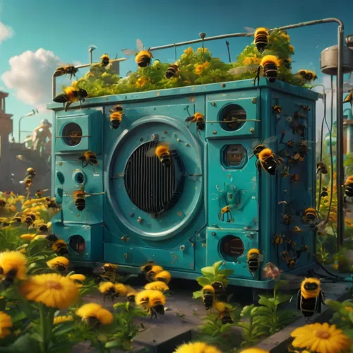 Illustrate a gang of several playful bumble bees exploring a electric substation, working as electrical engineers,a huge blue building with lots of bees inside of it,helianthus sunbelievable,helianthu