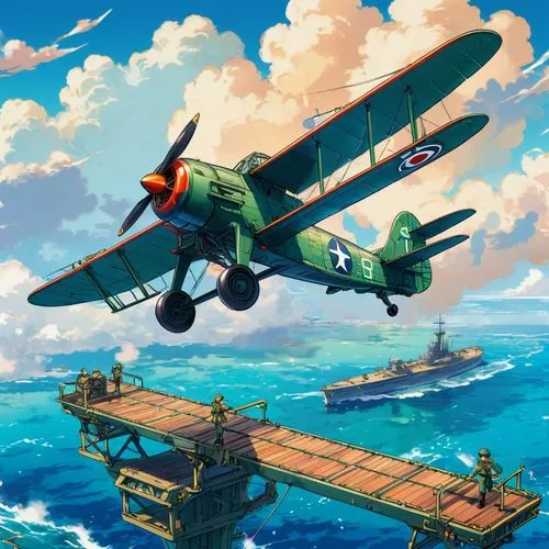 A 1930s military plane flying over a platform on the high seas.,beaufighters,corsairs,biplanes,warbirds,supermarine,floatplanes,aeronauts,seafire,dornier,biplane,triplanes,game illustration,boyington,