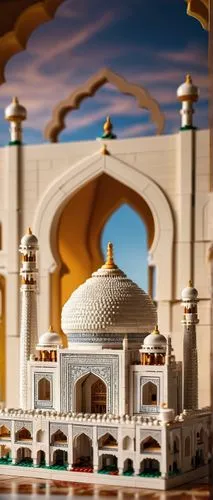 Lego bricks, intricate architecture, Taj Mahal-inspired building, white marble-like texture, ornate inlays, domed structure, minarets, arches, Islamic patterns, vibrant colors, India-inspired design, 