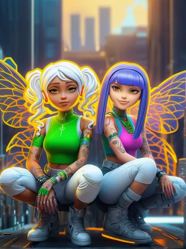 angels of the apocalypse,angels,fairies,fairies aloft,pixie-bob,game illustration,navi,angel and devil,little angels,aurora butterfly,wing ozone rush 5,two girls,show off aurora,net-winged insects,chr