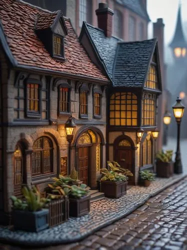 medieval street,townscapes,medieval town,miniature house,wooden houses,dollhouses,half-timbered houses,the cobbled streets,escher village,miniaturist,3d fantasy,knight village,dolls houses,waterdeep,cobblestones,cobblestone,beautiful buildings,townhouses,townscape,fantasy city,Illustration,Realistic Fantasy,Realistic Fantasy 24