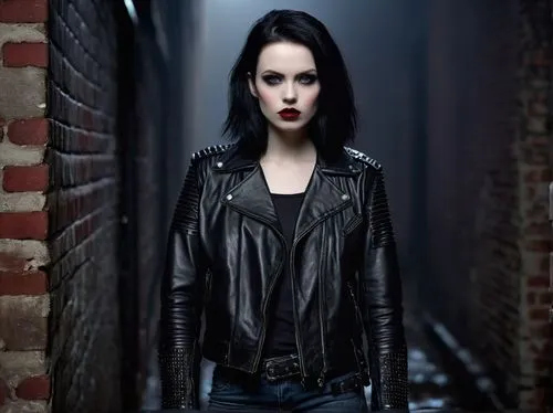 daffney,gothic woman,dark angel,gothika,apoptygma,leathered,goth woman,leather jacket,amaranthe,katherina,evanescence,xandria,tarja,decode,halestorm,esme,morgana,daveigh,malefic,bad girl,Illustration,Realistic Fantasy,Realistic Fantasy 22