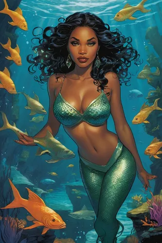 Create a suspenseful scene where Vanessa uses her magic to deceive the mermaids.,mermaid vectors,tiana,mermaid background,mermaid,green mermaid scale,merfolk,underwater background,aquatic herb,rosa ' 