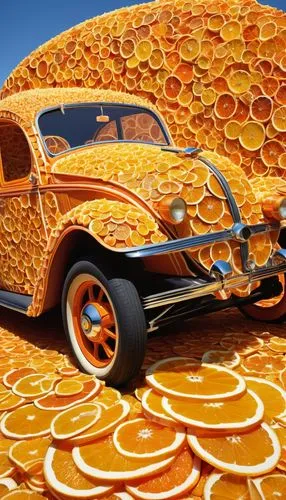 halloween vintage automobile,wheels of cheese,fruit car,honeycomb,woody car,flower car,honeycomb structure,mitochondrion,orange slices,oranges,car sculpture,3d car wallpaper,orange slice,valencia orange,trypophobia,cartoon car,mitochondria,orange,dulce de leche,sliced tangerine fruits,Illustration,Abstract Fantasy,Abstract Fantasy 09