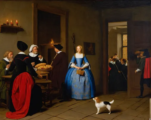 courtship,candlemas,girl with dog,partiture,flemish,kennel club,basset artésien normand,hanover hound,contemporary witnesses,bellini,seven citizens of the country,prins christianssund,the sale,groseillier,dinner party,frisian house,conversation,pilgrims,drentse patrijshond,the annunciation,Art,Classical Oil Painting,Classical Oil Painting 41