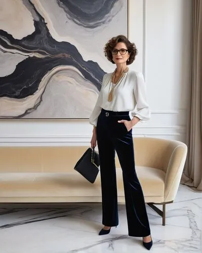 Mature lady, masters degree holder, interior designer, standing, confident posture, glasses, curly brown hair, subtle makeup, elegant necklace, white blouse, black trousers, high heels, holding a port