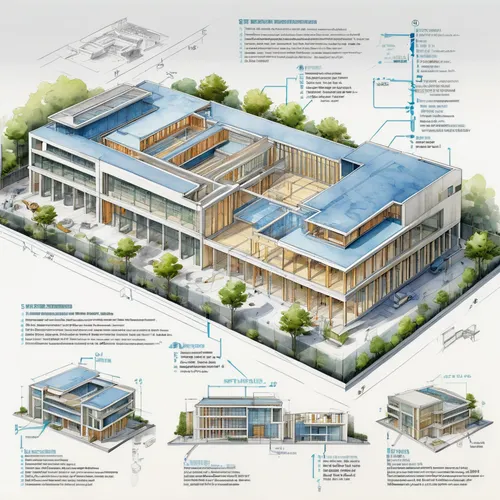 Watercolor (construction plan:1.3) with multiple variations and material suggestion for a modern school building (Riken Yamamoto:1.2), cool tone rendering, a digital rendering, trending on Behance, aw