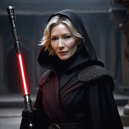 Cate Blanchett, Star Wars character, regal, powerful, authoritative, dark side, Sith Lord, black robes, intricate silver embroidery, high collar, red lightsaber, intense gaze, strong facial structure,