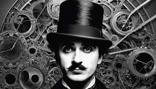 charlie chaplin,chaplin,silent film,ringmaster,groucho marx,clockmaker,silent screen,clockwork,the phonograph,photomontage,stan laurel,adolf,watchmaker,vaudeville,stovepipe hat,holmes,phonograph,top hat,dali,bellboy,Illustration,Realistic Fantasy,Realistic Fantasy 05