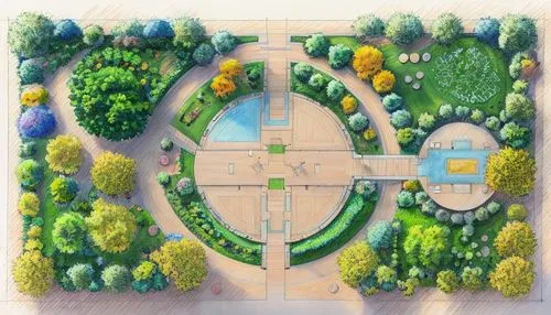 a view from above of the garden from above,landscape plan,parques,ecovillages,ecovillage,ecopark,urban park,Landscape,Landscape design,Landscape Plan,Colored Pencil