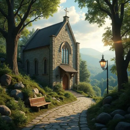 church painting,little church,nargothrond,wooden church,forest chapel,studio ghibli,briarcliff,chapelle,rivendell,church,chapels,church faith,violet evergarden,wayside chapel,house in the mountains,chappel,black church,chapel,fantasy landscape,home landscape,Photography,General,Realistic