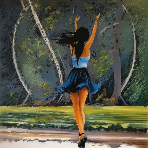 ballerina in the woods,dance with canvases,little girl twirling,dance silhouette,twirling,dancer,majorette (dancer),girl walking away,silhouette dancer,ballerina girl,figure skating,oil painting,twirl