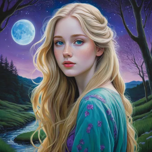 mystical portrait of a girl,fantasy portrait,rapunzel,blue moon rose,fantasy art,elsa,luna,fairy tale character,fantasy picture,faerie,the blonde in the river,jessamine,fae,portrait of a girl,faery,girl with tree,romantic portrait,young woman,the enchantress,enchanting,Illustration,Realistic Fantasy,Realistic Fantasy 16