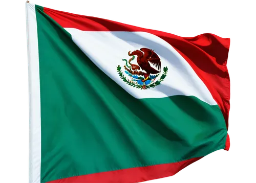 Mexican flag, waving, vibrant colors, green white and red stripes, fluttering in wind, detailed wrinkles, 4K resolution, high definition, soft natural lighting, cinematic composition, shallow depth of