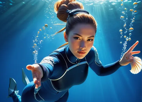 female character, ama outfit, traditional Japanese diver, young adult, ponytail, minimal makeup, seashell necklace, diving action, underwater, ocean, fish, coral reef, sunlight filtering through water