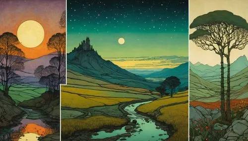 landscape by Florence Harrison, John Atkinson Grimshaw and Andy Kehoe ,four seasons,landscapes,moons,galilean moons,cool woodblock images,mountainous landforms,moon valley,phase of the moon,three peak