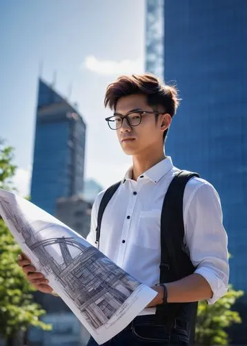 Male student, bachelor of architecture, 20yo, neat short hair, black framed glasses, white shirt, dark blue jeans, holding a rolled-up blueprint, standing in front of a skyscraper model, modern urban 