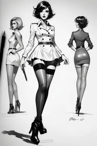 a drawing of three ladies wearing clothes and holding rifles,retro pin up girls,pin-up girls,pin up girls,pin ups,retro pin up girl,retro women,Conceptual Art,Fantasy,Fantasy 06