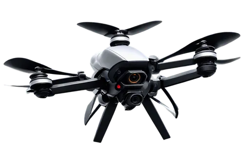 Drone, modern design, metallic body, silver and black colors, four propellers, LED lights, camera mounted, 3/4 composition, low-angle shot, dramatic lighting, cinematic mood, shallow depth of field, f