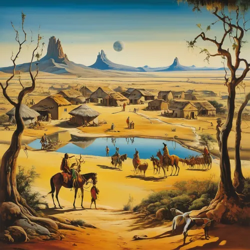 Imagine the peaceful village life of the Bodi tribe amidst a breathtaking savannah.,desert landscape,desert desert landscape,arid landscape,moon valley,arid land,american frontier,indigenous painting,