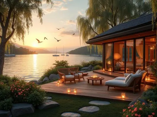 summer cottage,house by the water,summer house,tranquility,seclude,home landscape,floating huts,cottage,idyllic,pool house,waterfront,boathouse,beautiful home,houseboat,evening lake,serenity,lake view,lakeside,houseboats,holiday villa,Photography,General,Realistic