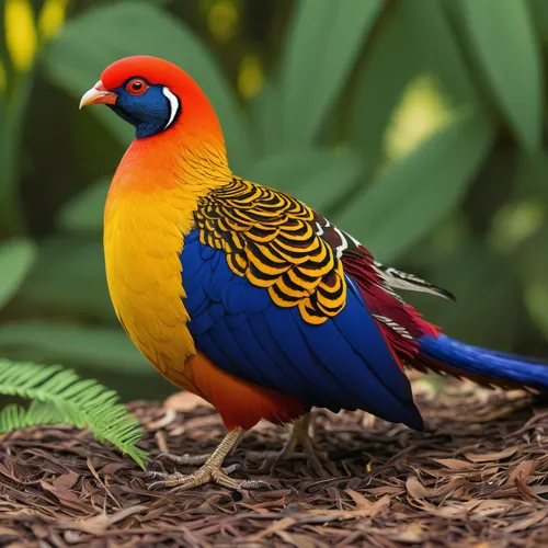 Write a beautiful poem about the golden pheasant's vibrant feathers shimmering in the morning sun.,golden pheasant,colorful birds,eastern rosella,crimson rosella,ring necked pheasant,rosella,tropical 