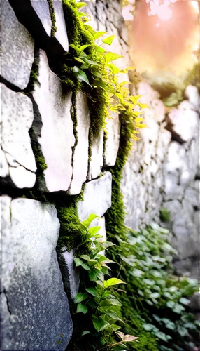 Old stone wall, rough texture, moss growing, ivy crawling, cracked surface, worn-out edges, ancient ruins, mysterious atmosphere, warm sunlight casting long shadows, 3/4 composition, shallow depth of 