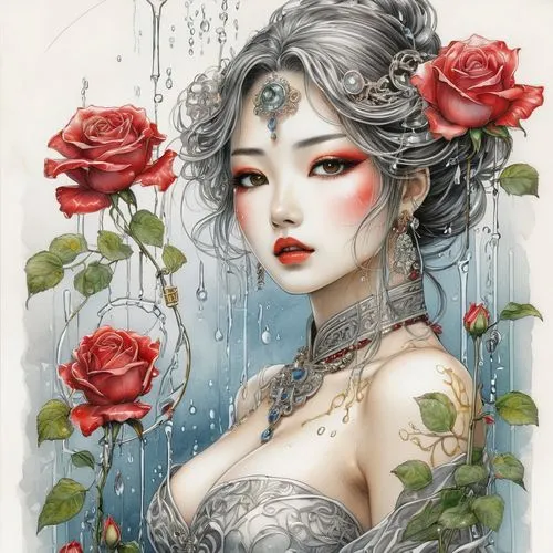 water rose,rose flower illustration,porcelain rose,oriental princess,winter rose,white rose snow queen,water lotus,fantasy portrait,red rose in rain,geisha,rose bloom,geisha girl,rose flower drawing,chinese art,wild roses,rosa 'the fairy,blue moon rose,red rose,romantic rose,noble roses,Illustration,Black and White,Black and White 30