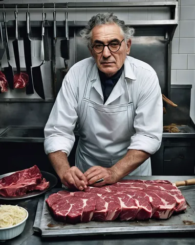 Create a heartwarming tale about a kind-hearted butcher who helps struggling families.,dryaged,galloway beef,lardo,cuisine of madrid,flank steak,butcher shop,butcher,bayonne ham,chef's uniform,prosciu