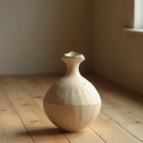 Unique decorative vase, sand-casted material, rough texture, natural earth tone, organic shape, modern interior design, Scandinavian style, wooden floor, minimalist background, warm lighting, 3/4 comp