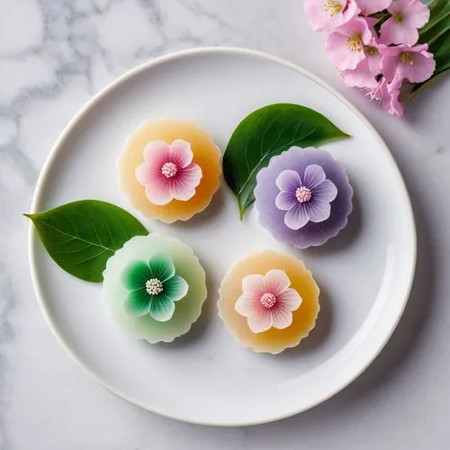 The image depicts a close-up view of three mochi pieces placed on a white, scalloped-edge plate. The mochi are spherical and have a white, powdery surface. Two of the mochi are decorated with floral e